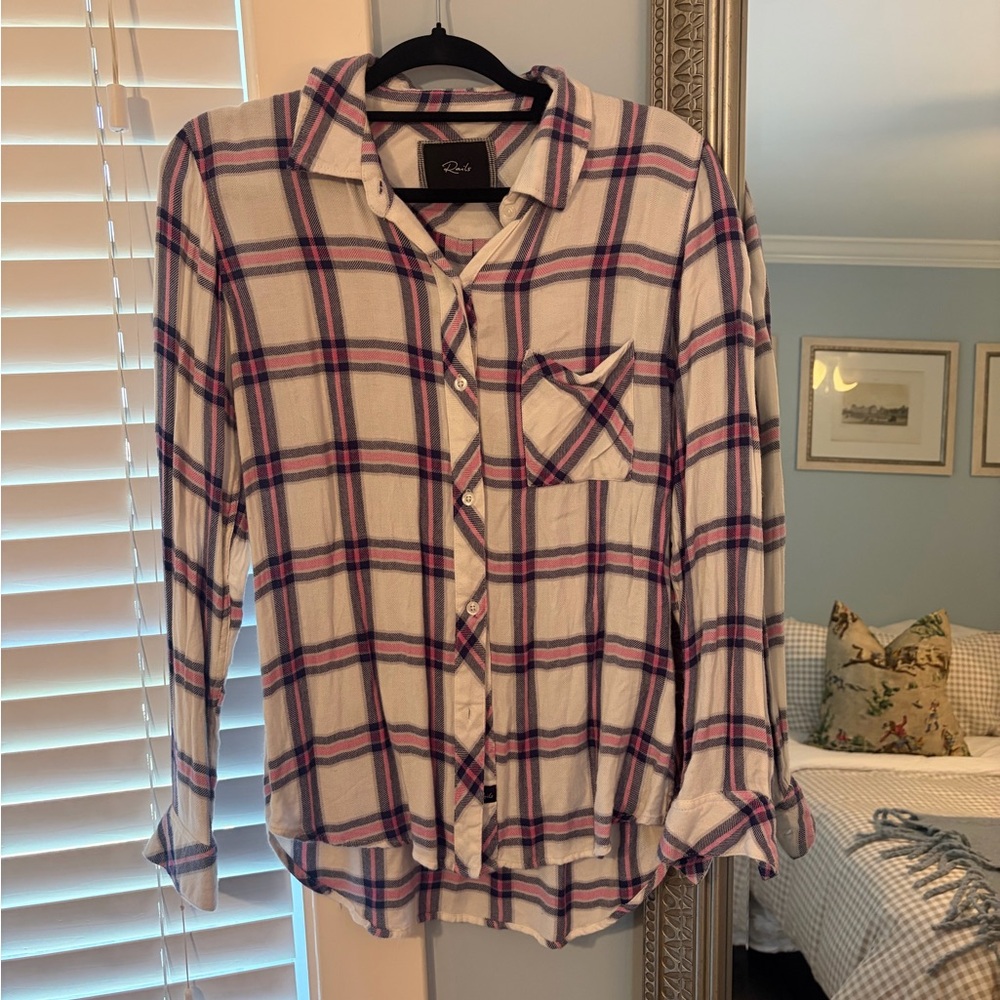 Rails Plaid Button-Up Shirt in White and Pink